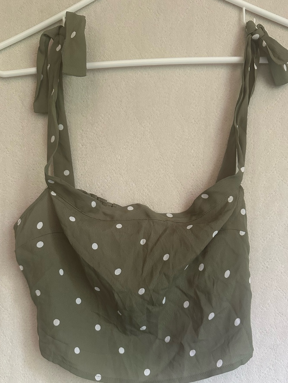 Reformation Green White Polka Dot Smocked Crop Top Sz 4 Tie Straps Cami